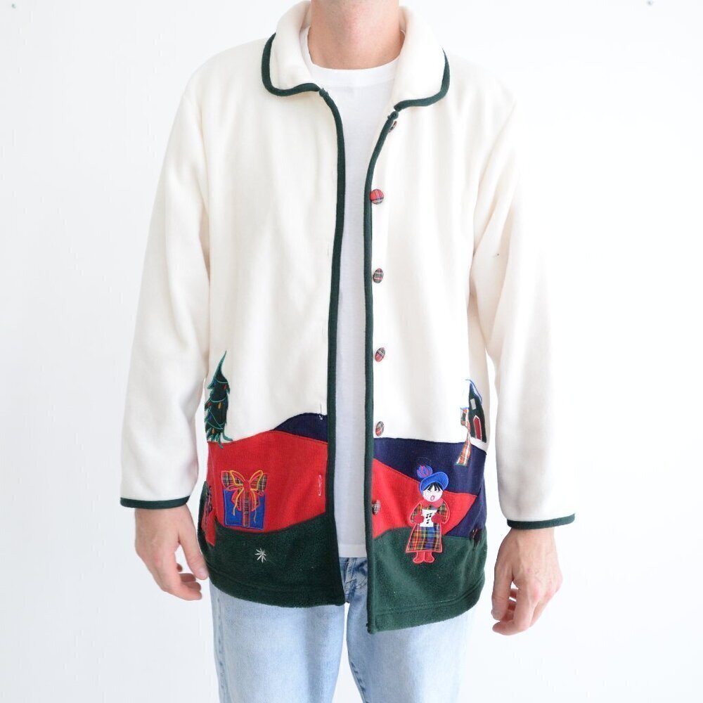 Vintage Renee Sport Embroidered Christmas Caroler Cream Green Button Up Cardigan